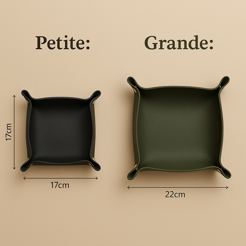 image showing the black petite (small) leather tray 17cm x 17 cm and the green grande (big) leather tray 22cm x 22cm