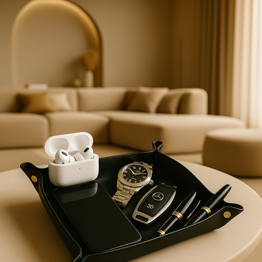 black leather tray standing on table holding an iPhone, AirPods and car keys and a watch in a luurious room