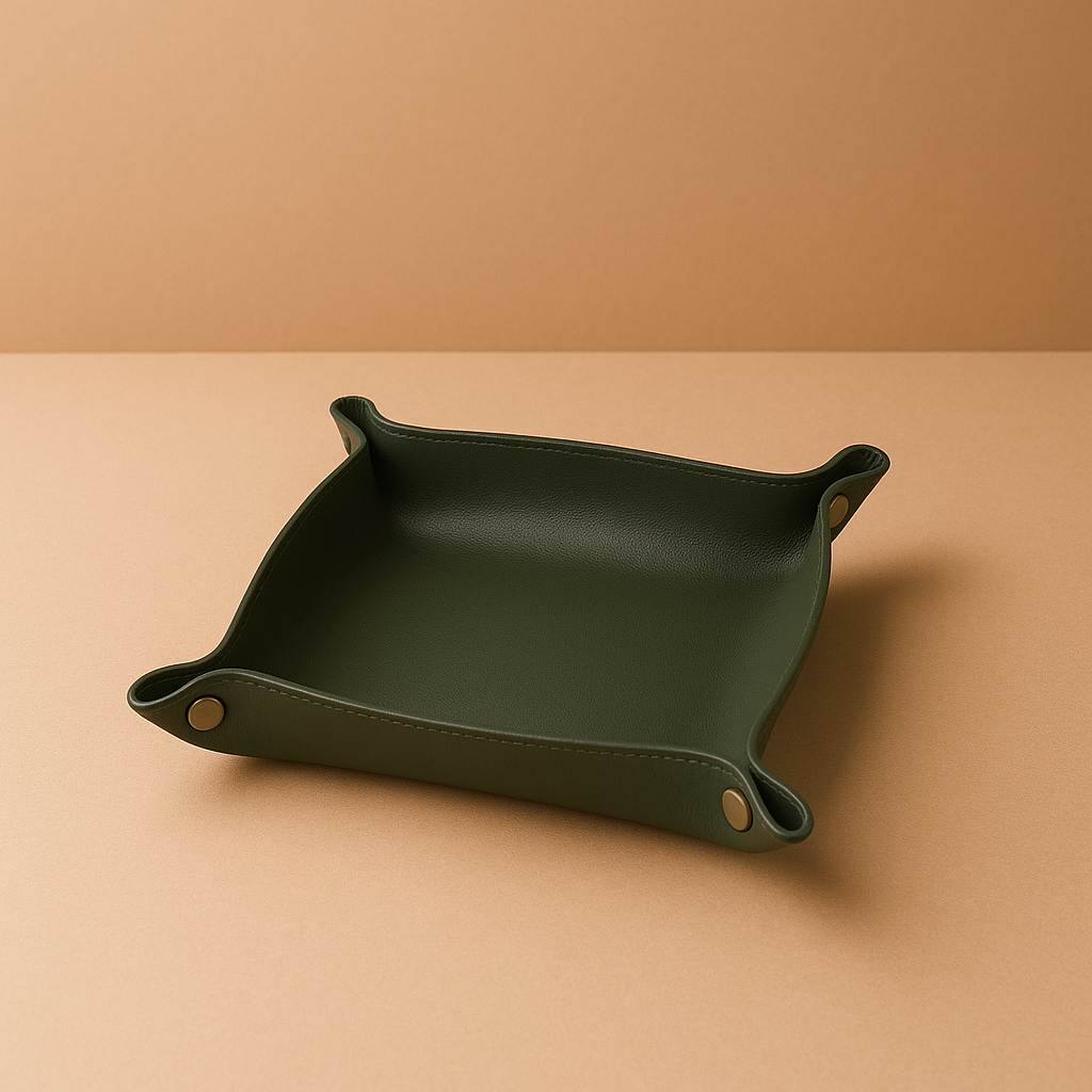 green leather tray standing on beige surface
