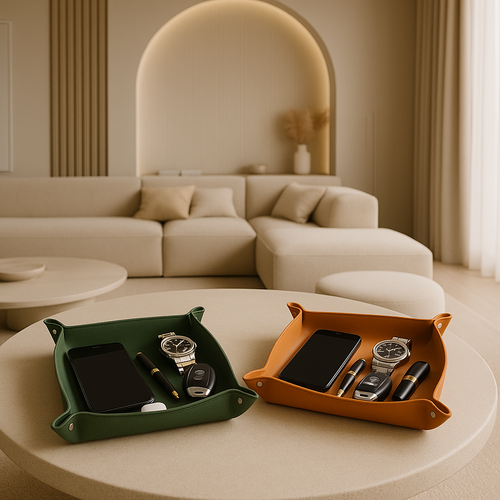 green and orange leather tray holding phones, wachtes and keys, standing on a table in a luxurious white living room