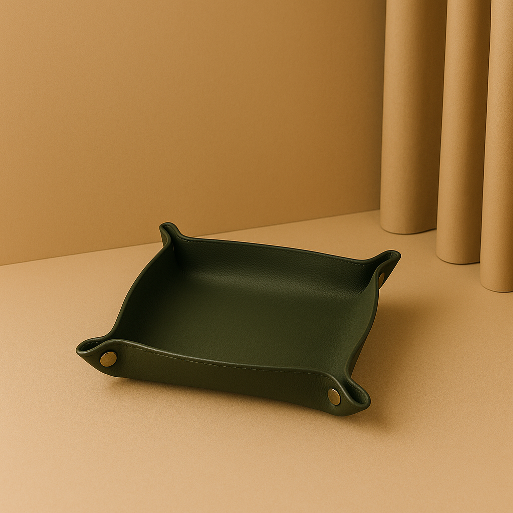 green leather tray standing in beige golden backround