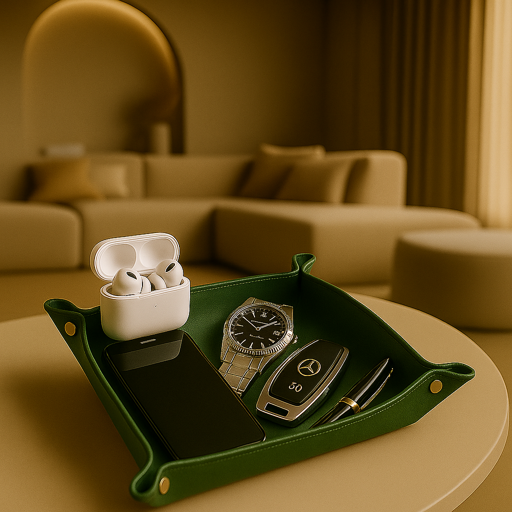green leather tray standing on table holding an iPhone, AirPods and car keys and a watch in a luurious room