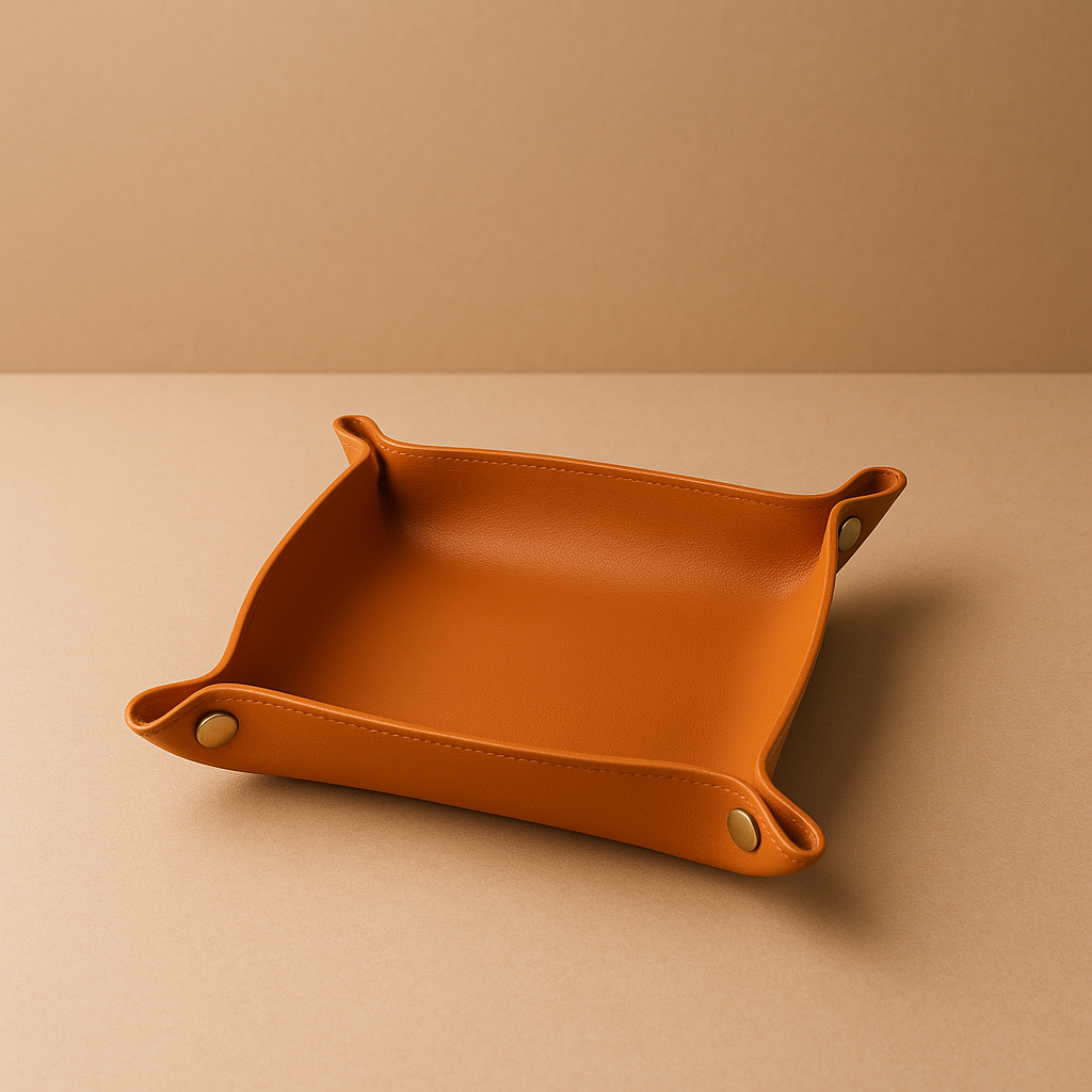 orange leather tray standing on beige surface