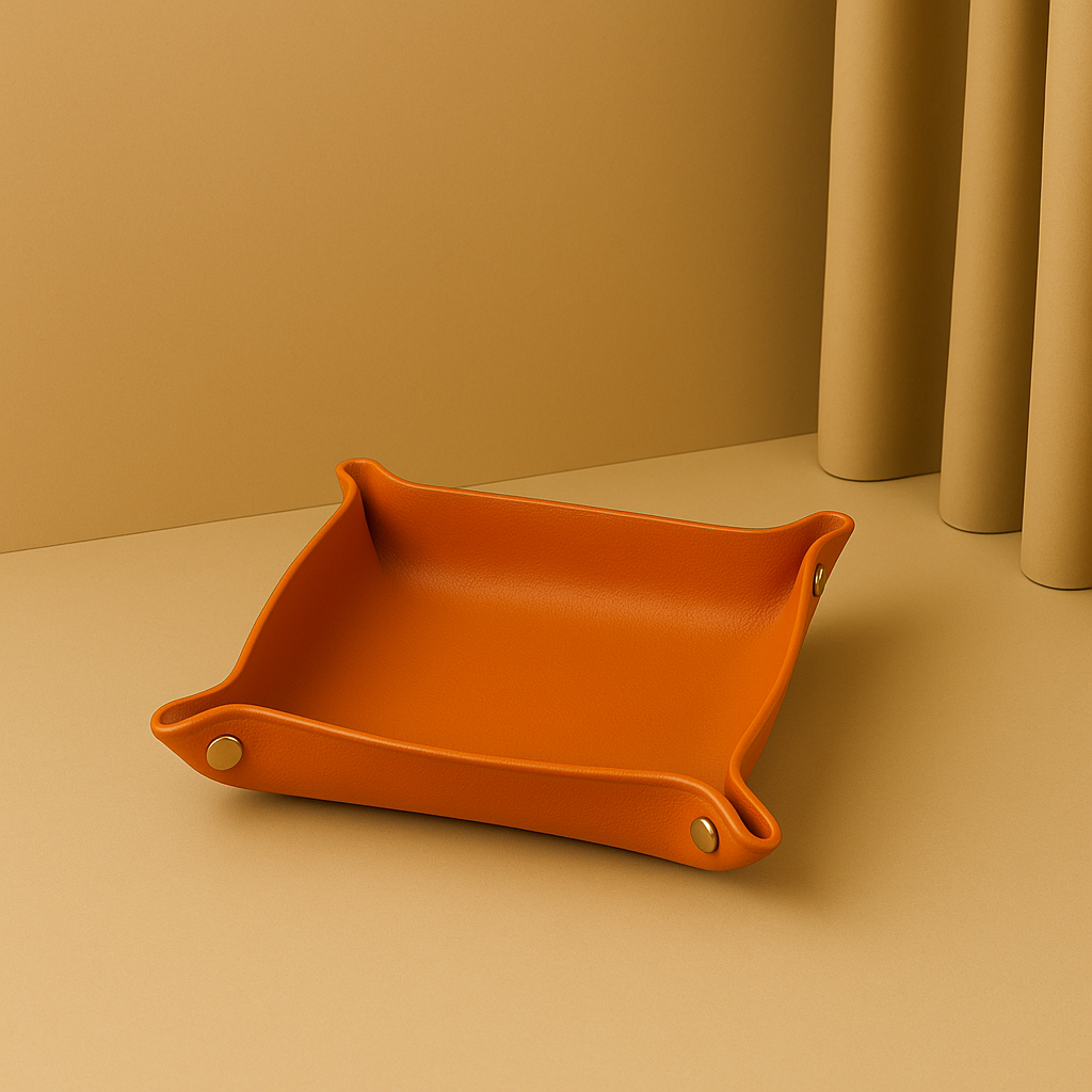 orange leather tray standing in beige golden backround