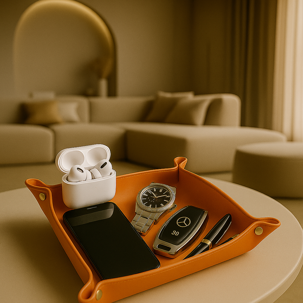 orange leather tray standing on table holding an iPhone, AirPods and car keys and a watch in a luurious room