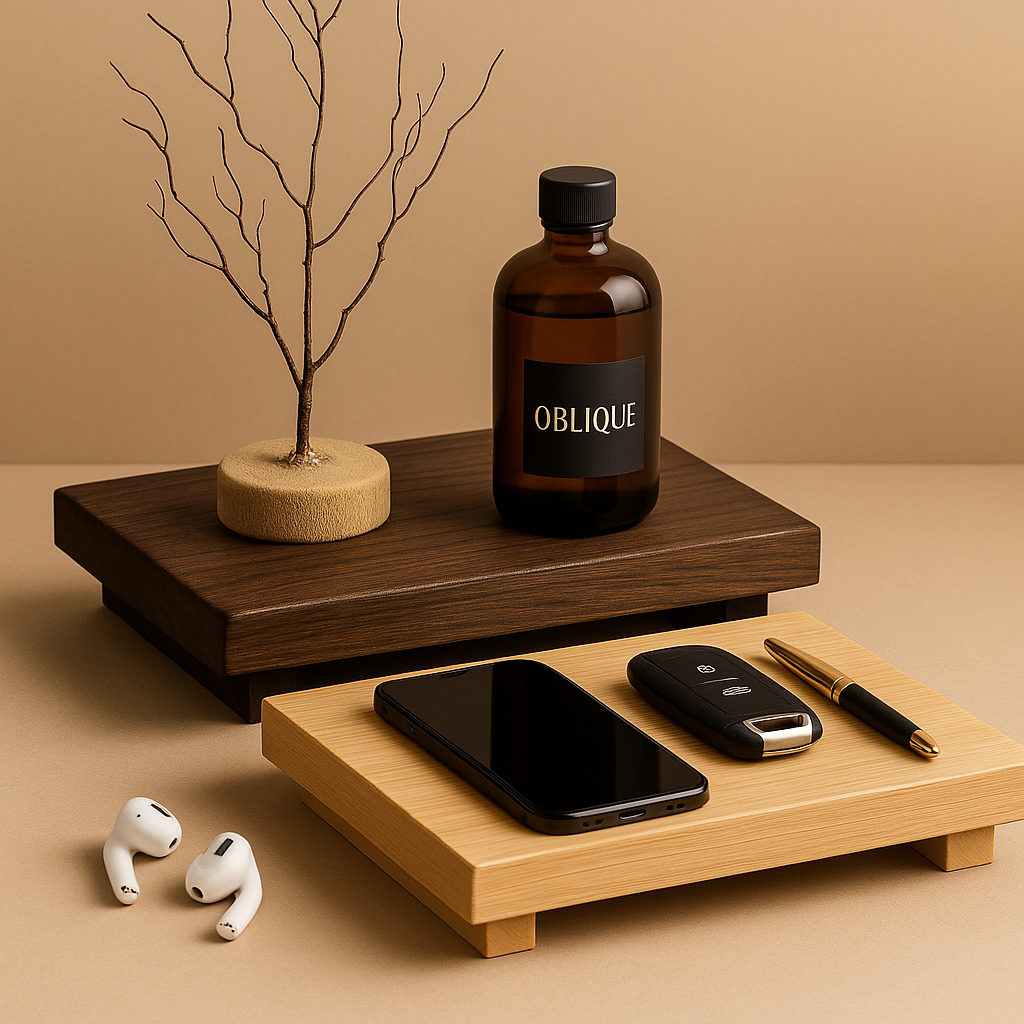 Image showing the mocha and sand wooden tray carrying a. bottle, a phone, car keys, a pen and a small plant standing on a beige surface