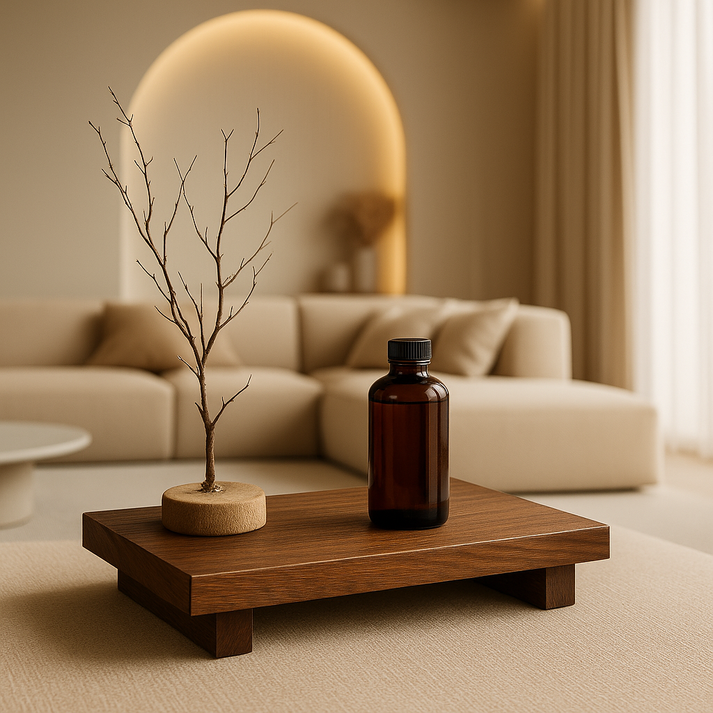 Elance Mocha with bottle and plant standing in minimalistic luxurious lving room with led
