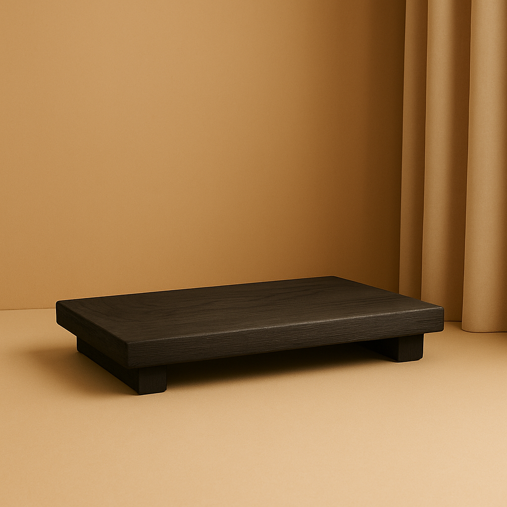 black wooden tray standing in beige golden backround