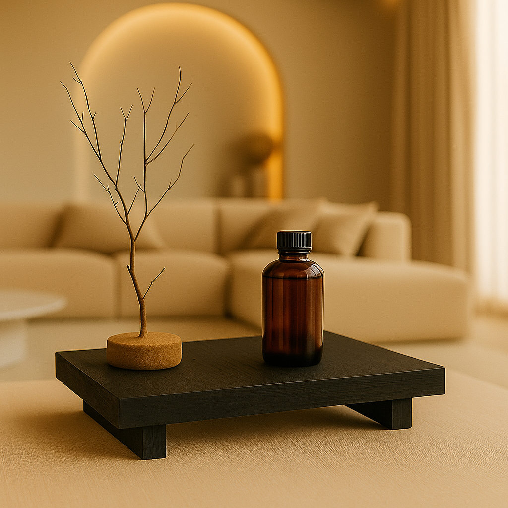 black wooden tray with bottle and little plant standing in luxurious living room