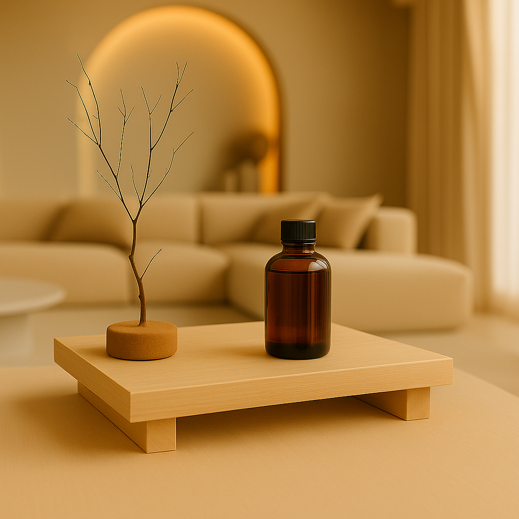 Sand wooden tray carrying a bottle and a small plant, standing in luxurious living room with LED