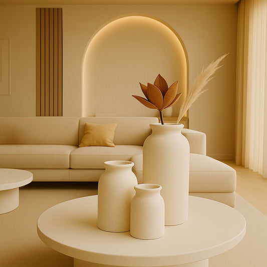 Set of three minimalist sandstone vases in soft beige tones, displayed on a round coffee table in a modern neutral-toned living room.