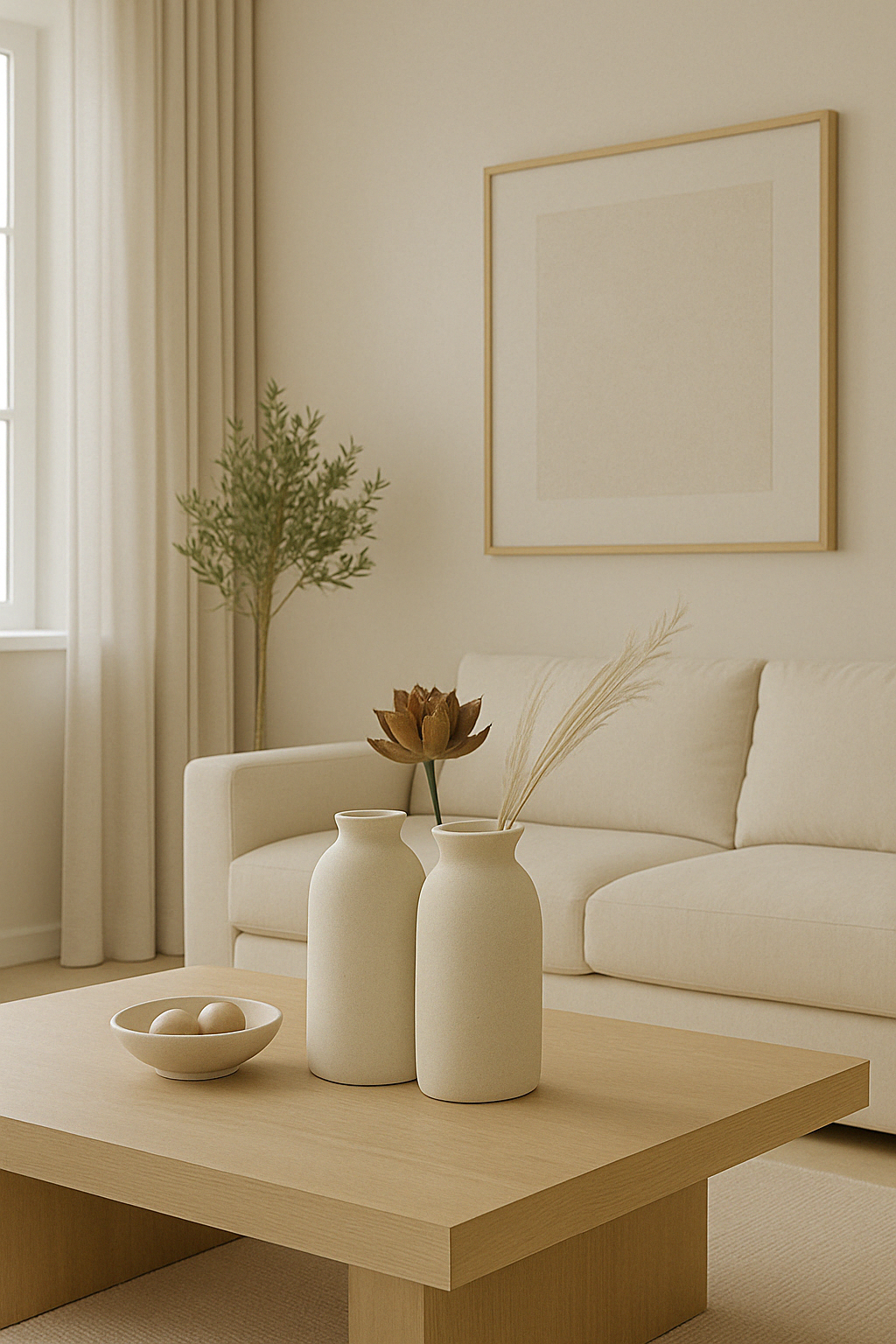 Neutral living room with Epuré ceramic vases on wooden coffee table