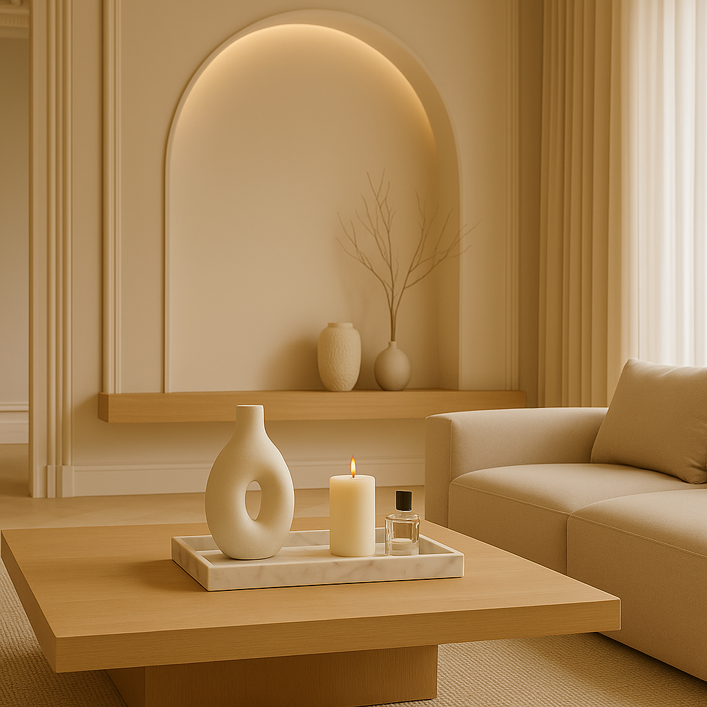 seeing the white marble tray used with the Noue Vase and a candle standing in minimalistic luxurious white beige living room