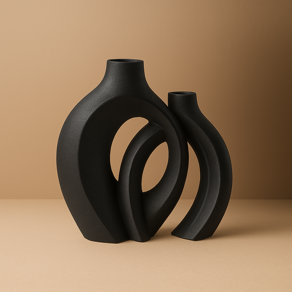 black round ceramic vase set standing on beige surface