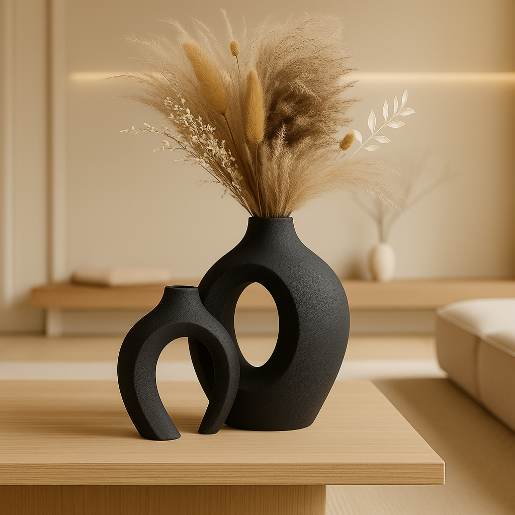 black minimalist vase set standing in a luxurious decent living room