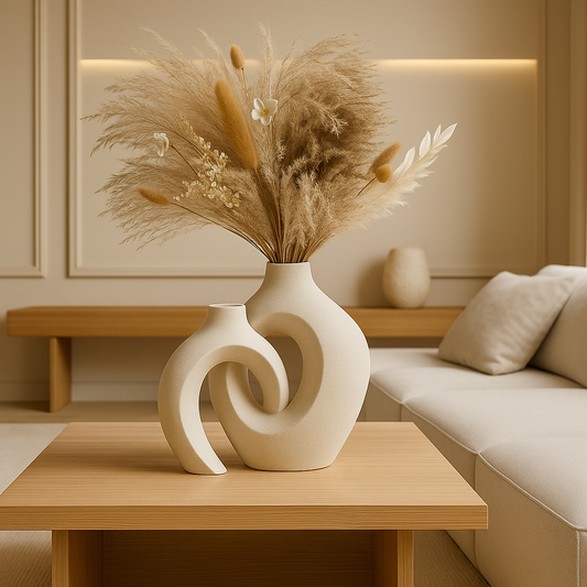 White minimalist vase set standing in a luxurious decent living room