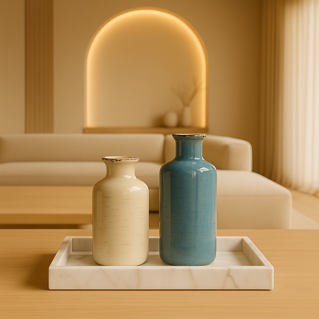 terre cream and blue vase standing on white marble tray with luxurious beige light tones living room