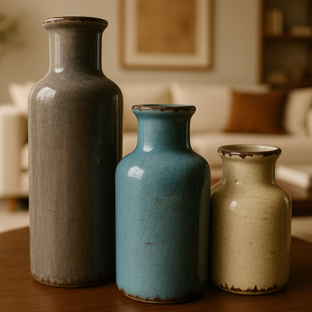 terre ceramica vase trio close up shot of the details and the finish of the vases with blurred backround