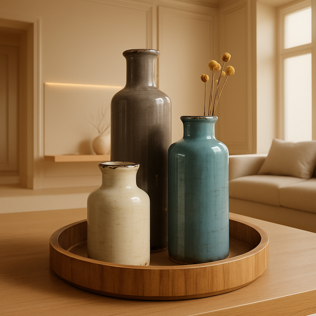 terre trio displayed on a round wood tray with a minimalist white living room