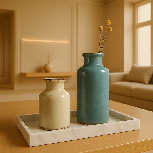 terre ceramic vase in cream white and blue displayed on a white marble tray in a neutral-toned living room setting