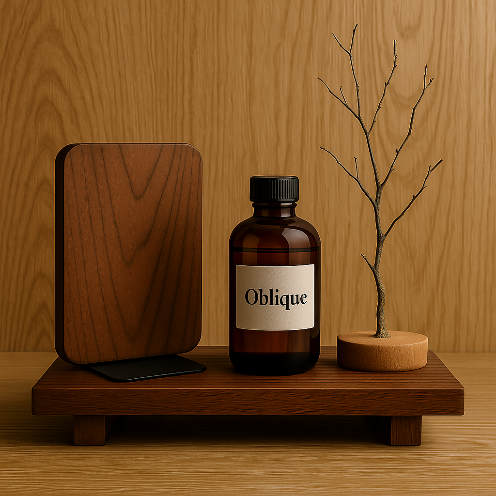 Wooden shelf with minimalist walnut bookends, amber glass bottle labeled "Oblique" and sculptural wooden branch decor, set against a wood-paneled background.