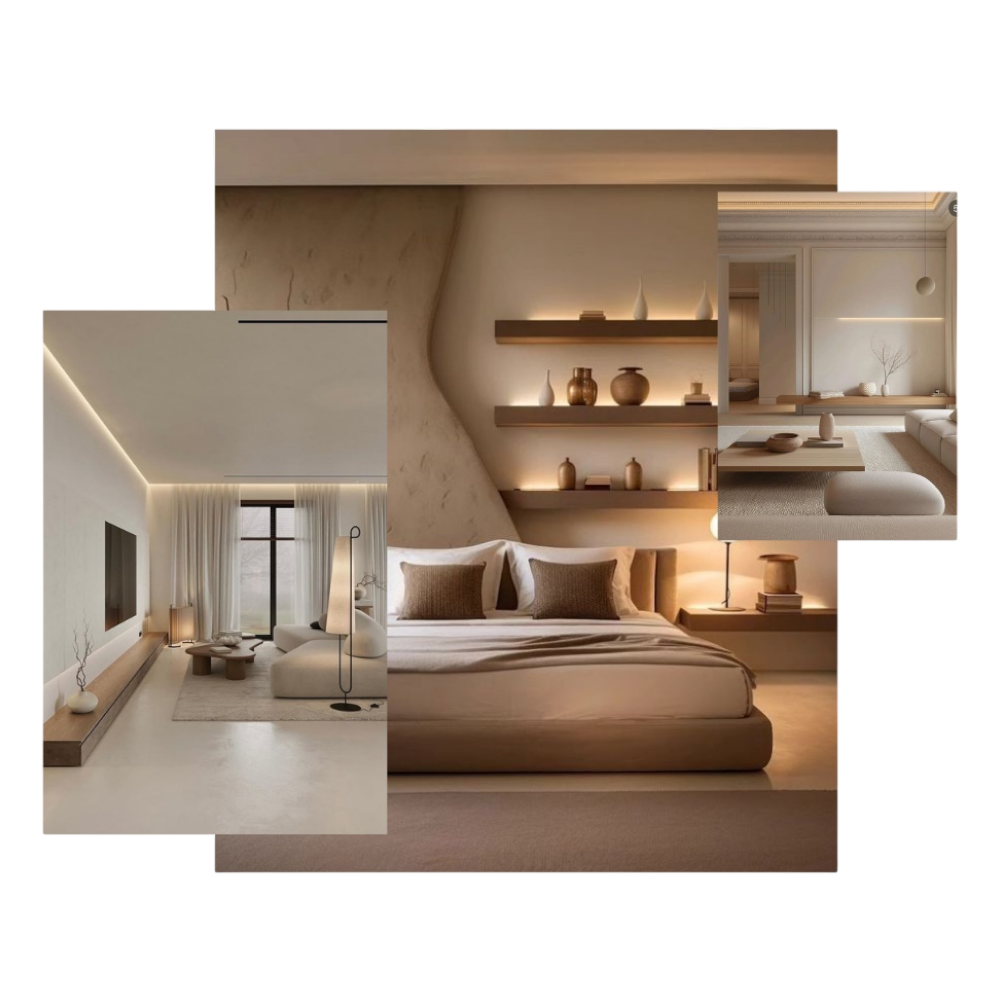 Minimalist bedroom and living spaces with neutral tones and lighting