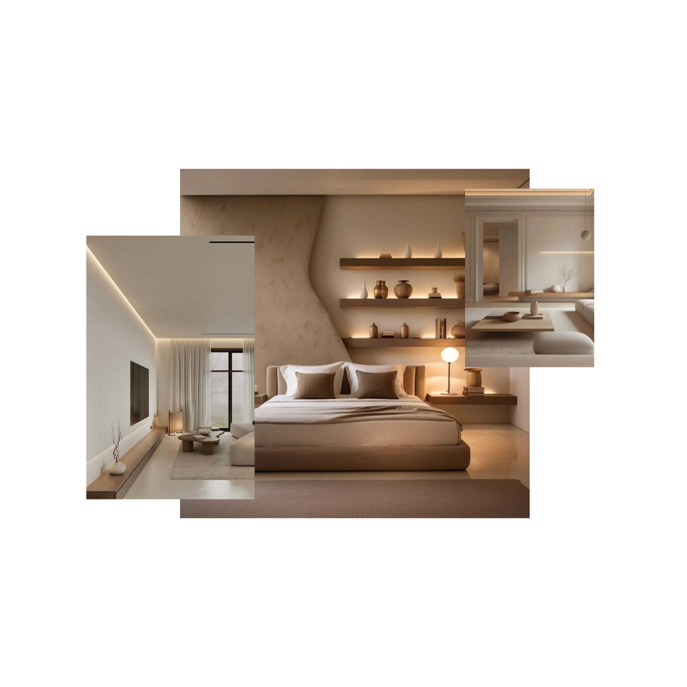 Minimalist bedroom and living spaces with neutral tones and lighting