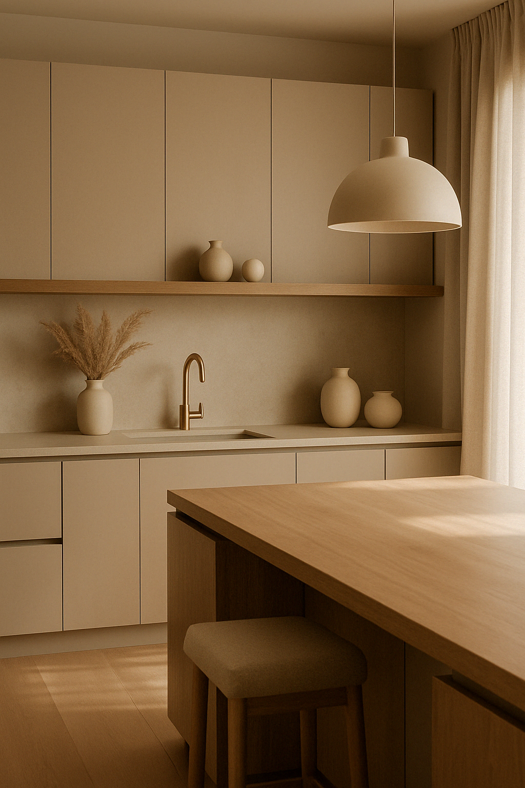 Minimalistic luxurious kitchen with light wood surfaces and ceramic decor vases