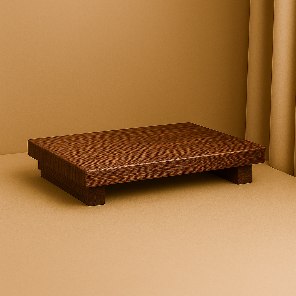 Mocha wooden Tray standing in beige golden backround 