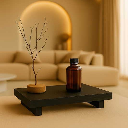 black wooden tray with bottle and little plant standing in luxurious living room 