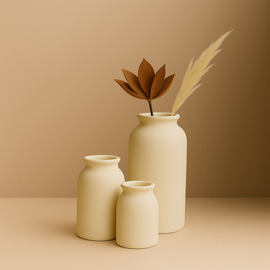 Ceramic Sandstone Vase set standin on beige surface 