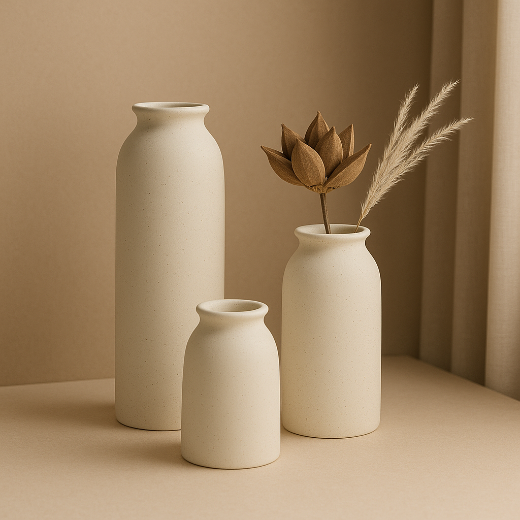Sandstone Ceramic Vase set standin in beige golden backround