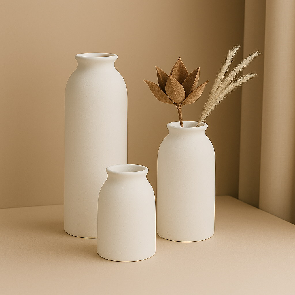 White Ceramic Vase set standing in beige golden backround 