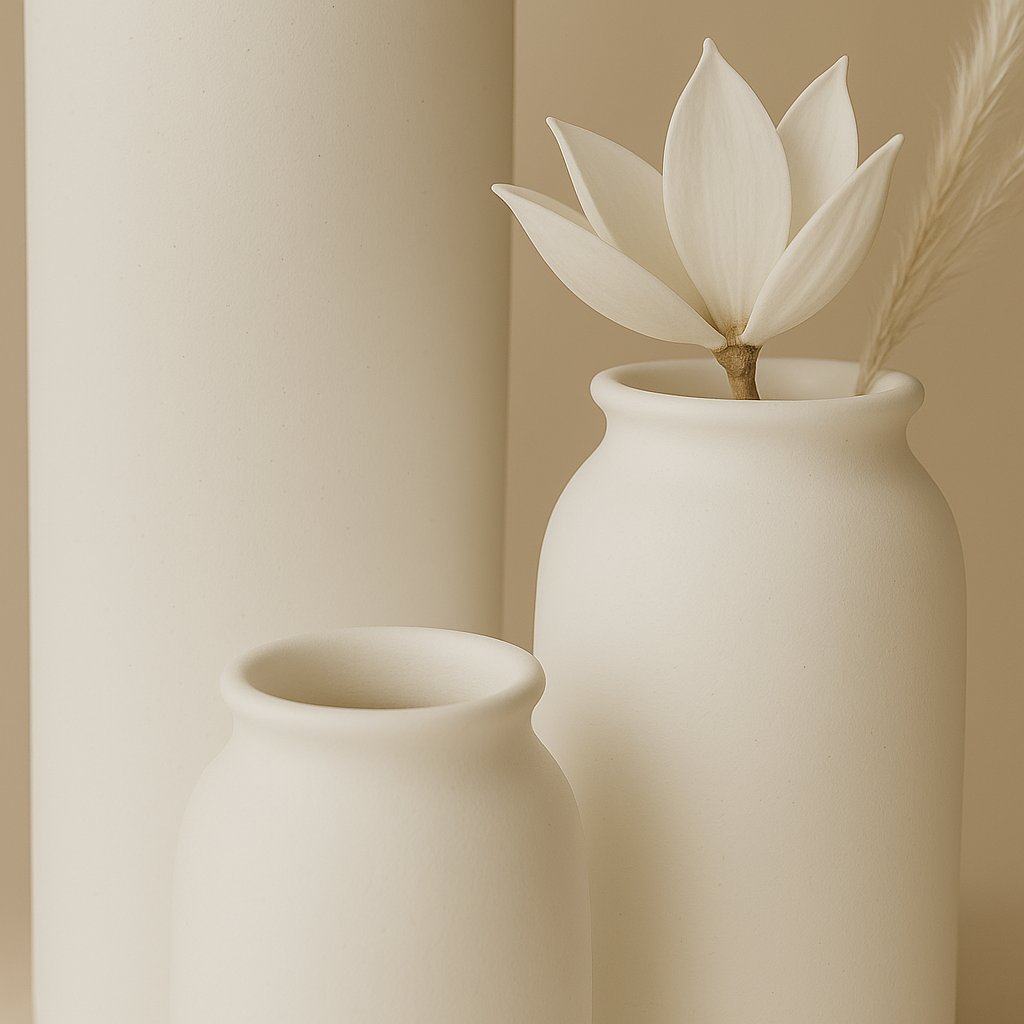 Close up shot of white Ceramic Vase set 