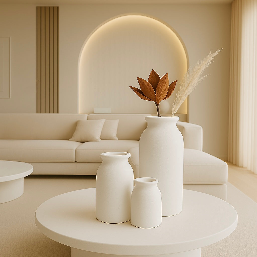 Set of three minimalist vases in white, displayed on a round coffee table in a modern neutral-toned living room.