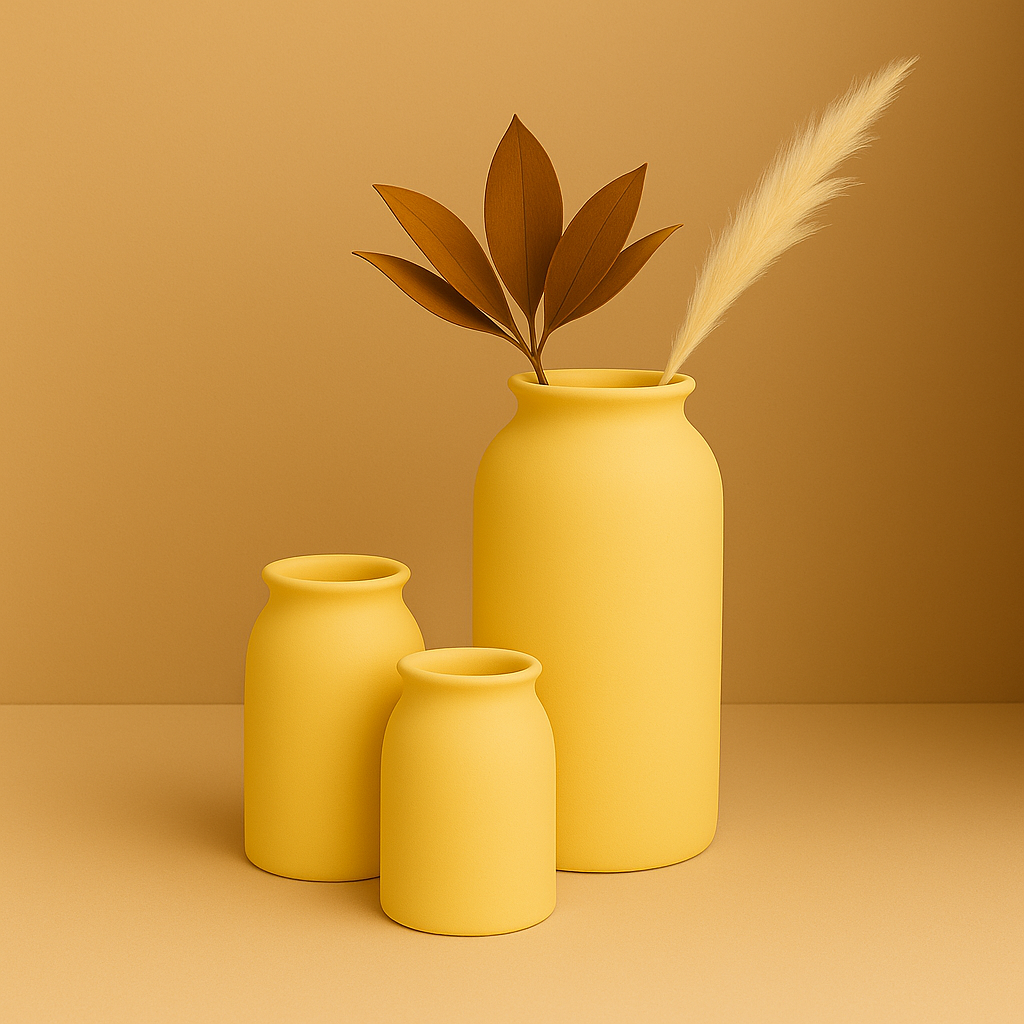 Yellow ceramic Vase set standing on beige surface 