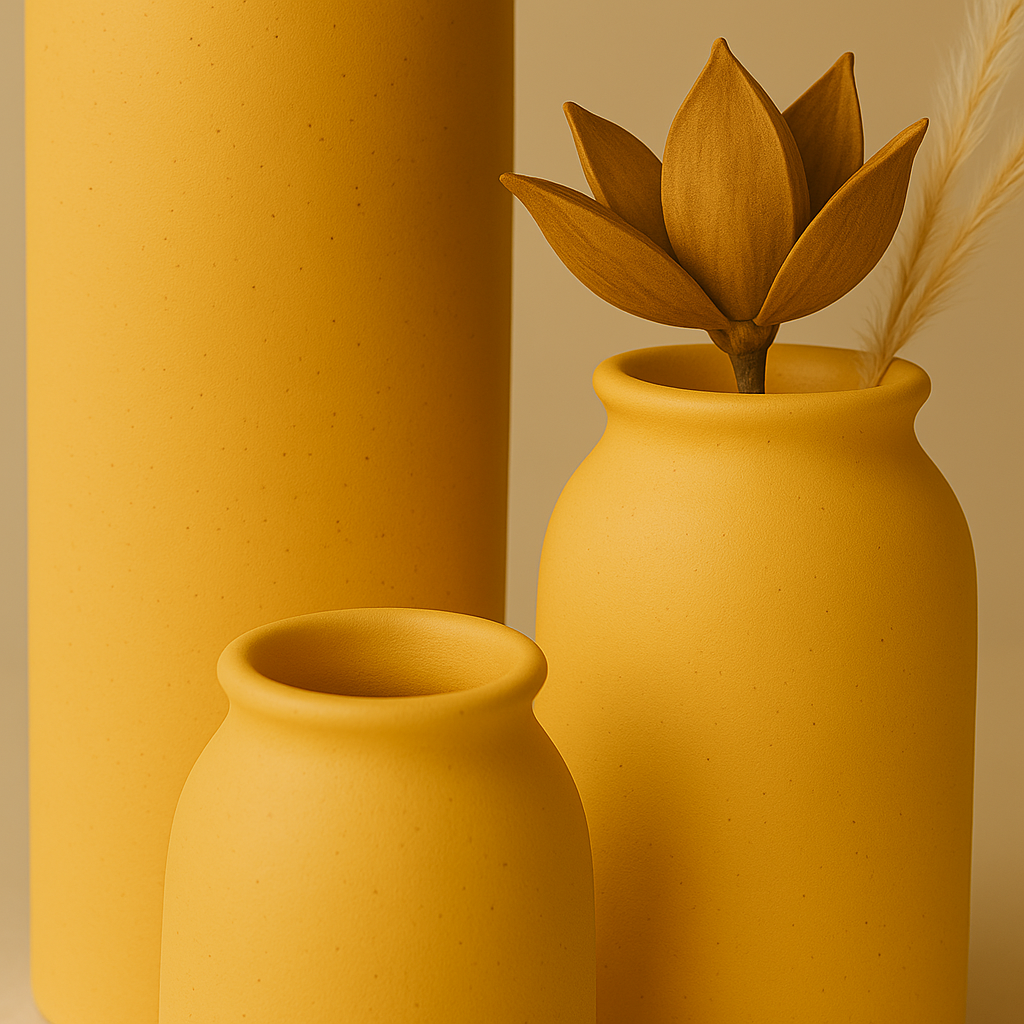 Close up shot of soft toned Yellow Ceramic Vase set 