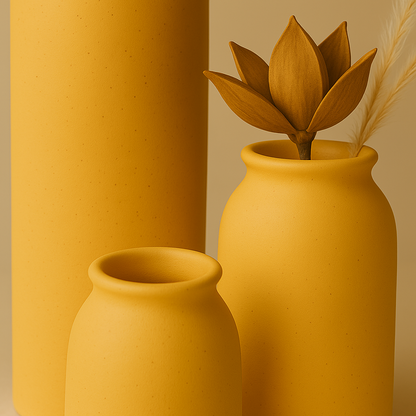 Close up shot of soft toned Yellow Ceramic Vase set 