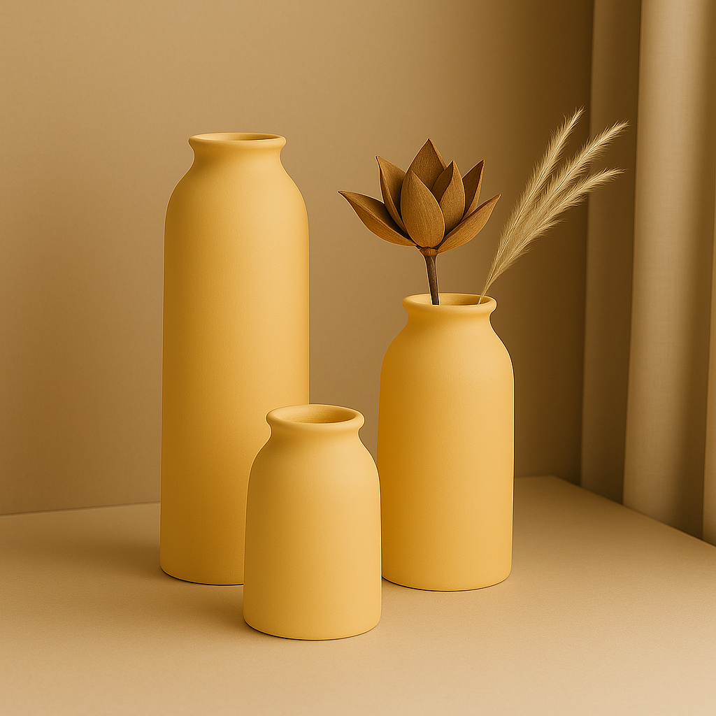 soft Yellow toned Ceramic Vase set standing in beige golden backround
