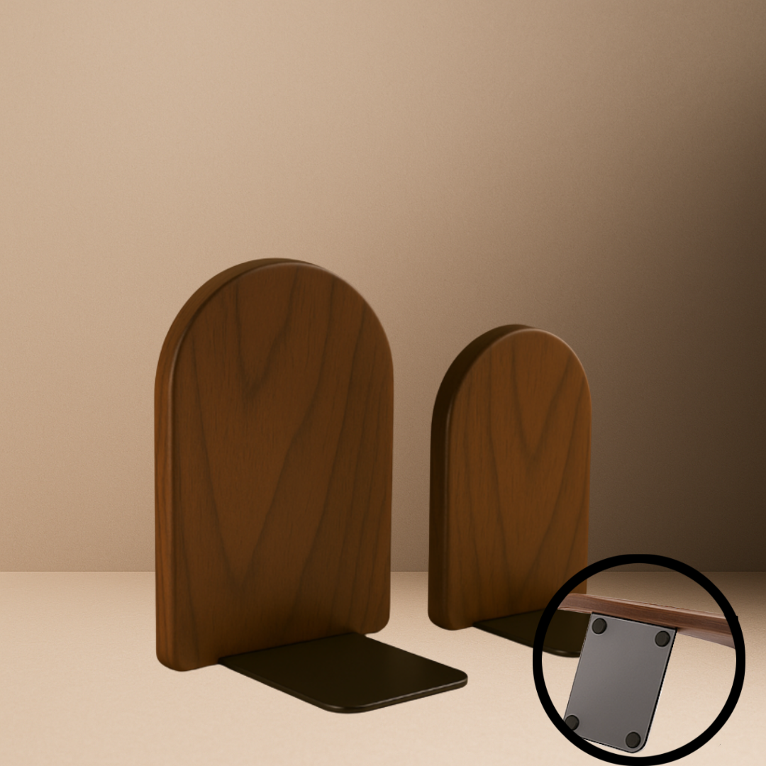 Mocha rounded bookends with black metal bases, featuring a close-up view of the non-slip bottom.