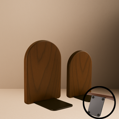 Mocha rounded bookends with black metal bases, featuring a close-up view of the non-slip bottom.