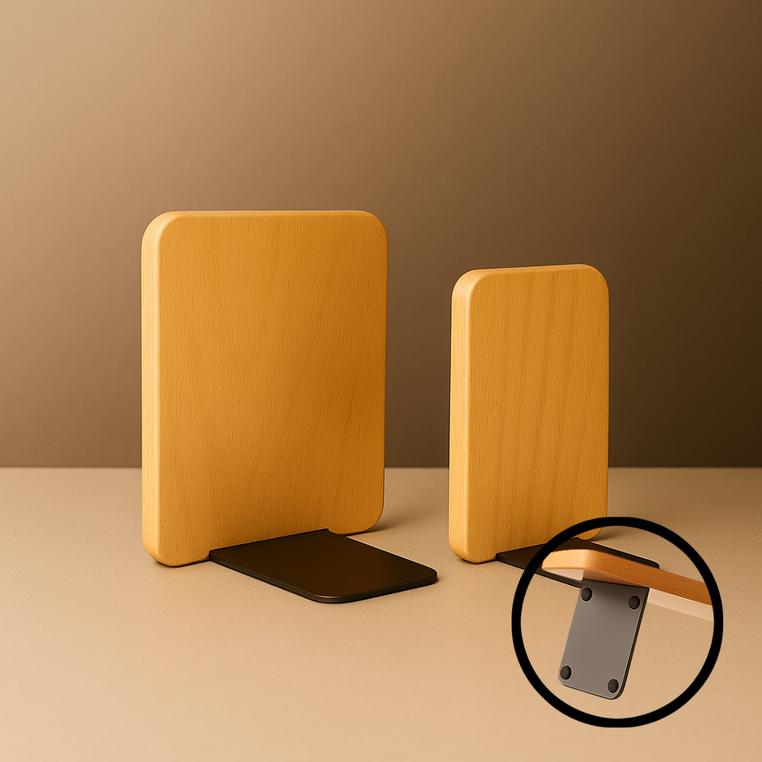 bright wood squared bookends with rounded corners and black metal bases, featuring a close-up view of the non-slip bottom.