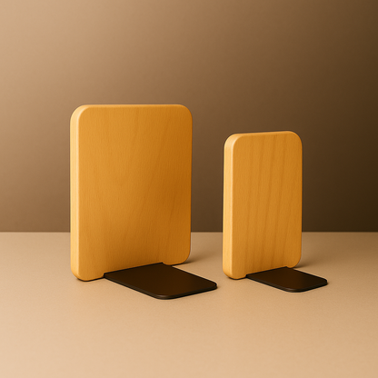 Natural bright wooden squared Bookholder standing on beige surface 