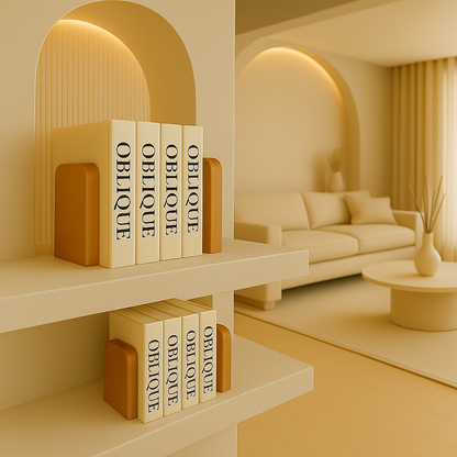 the bright wooden squared book holder standing in a luxurious shelf holding Books with the name"Oblique"