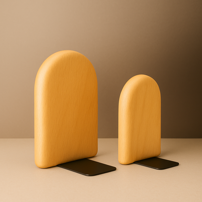 bright wooden rounded Bookholder standing on beige surface 