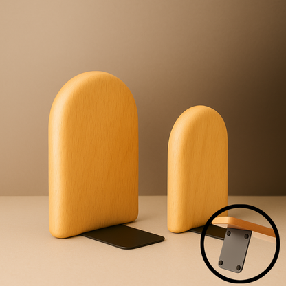 bright wooden rounded bookends with black metal bases, featuring a close-up view of the non-slip bottom.