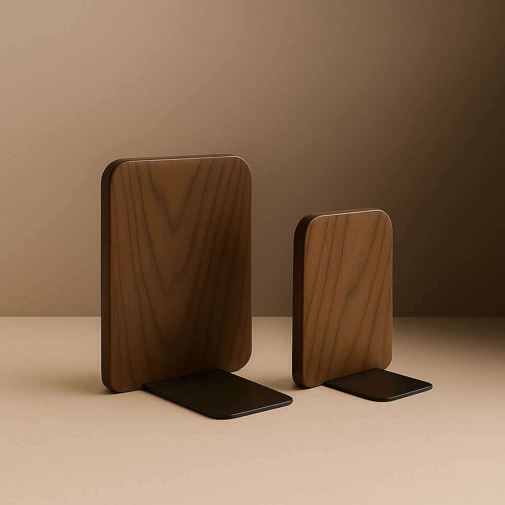 Wallnut brown squared Bookholder standing on beige surface 