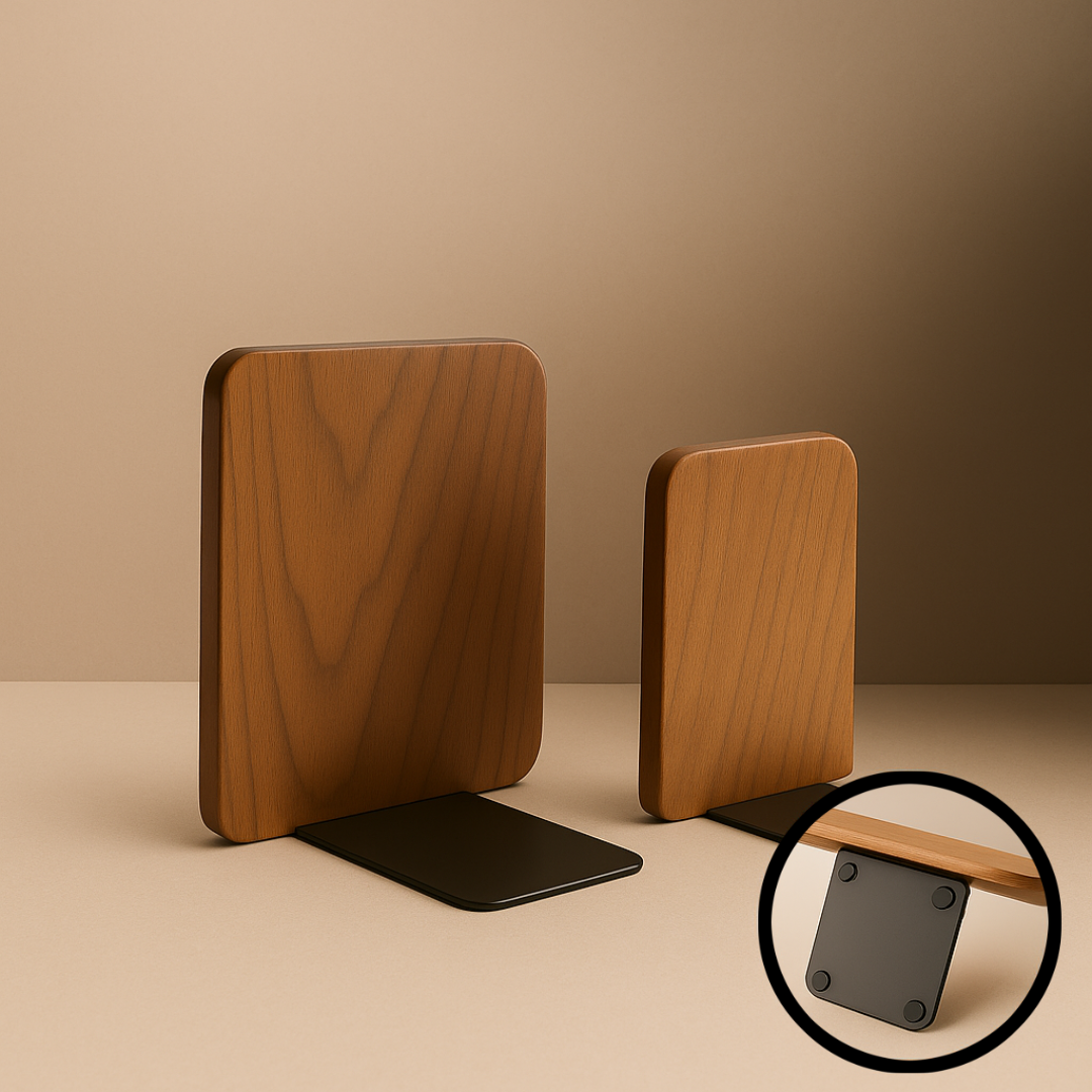 Wallnut squared wooden bookends with rounded corners and black metal bases, featuring a close-up view of the non-slip bottom.