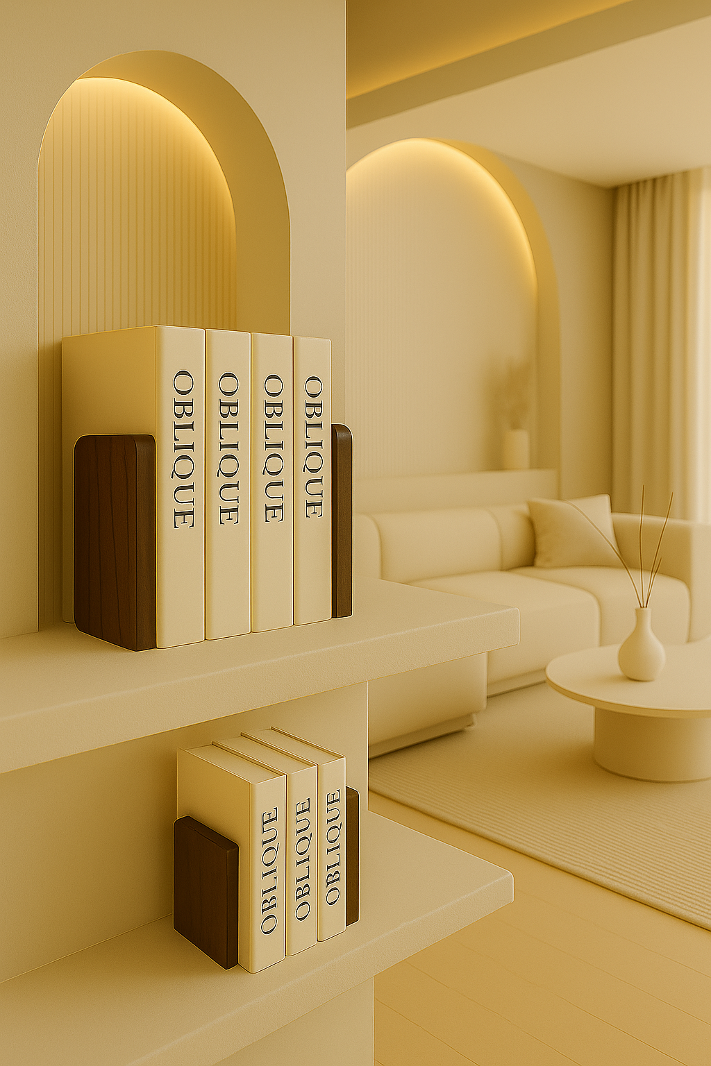 the wallnut squared book holder standing in a luxurious shelf holding Books with the name"Oblique"