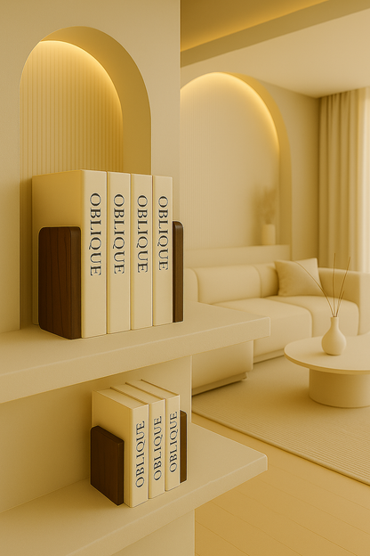 the wallnut squared book holder standing in a luxurious shelf holding Books with the name"Oblique"